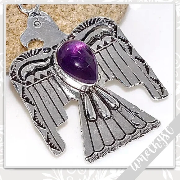 Amethyst Large Silver Artisan Thunderbird Pendant 2.5β (Purple) - Picture 2 of 4